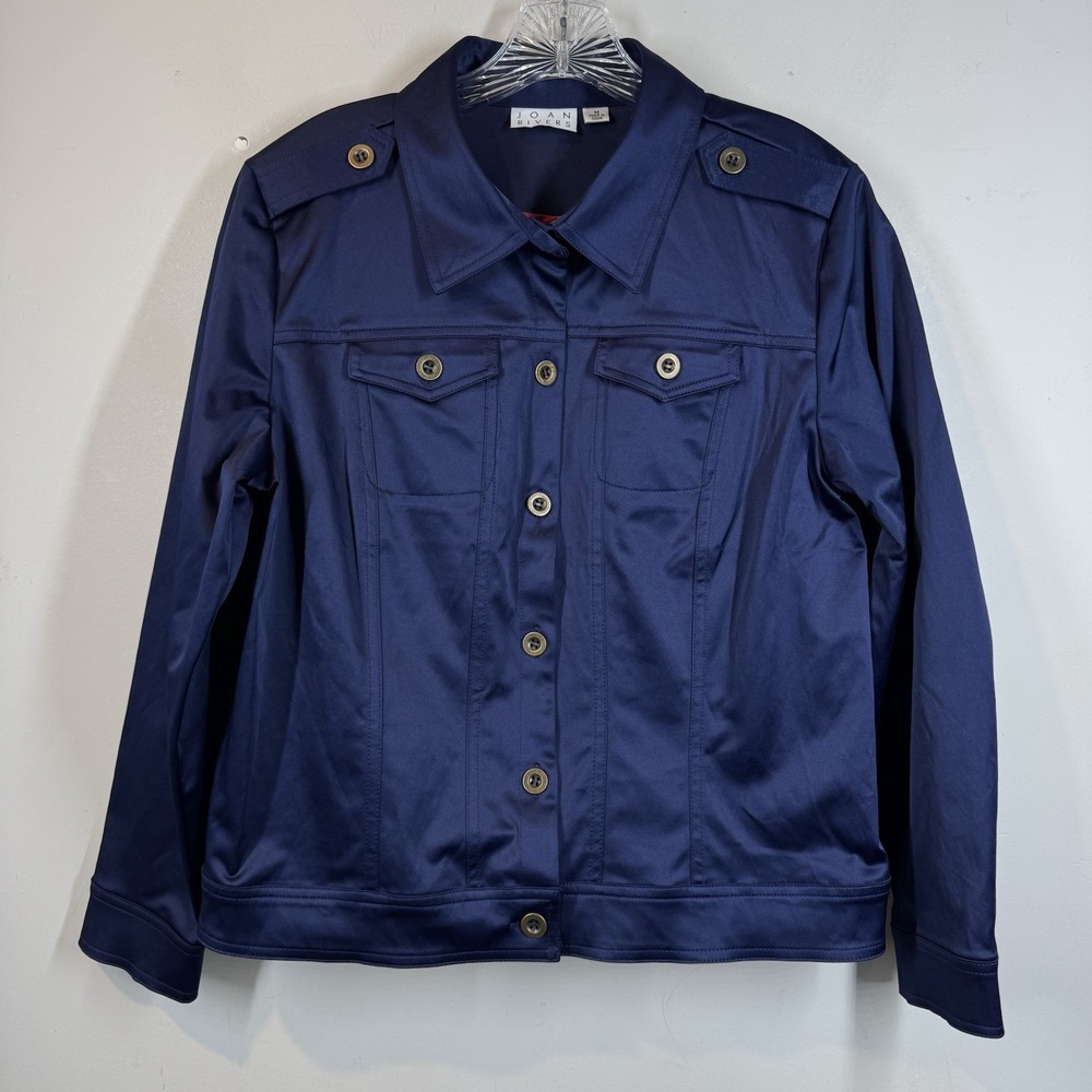 Joan Rivers Sateen Satin Look Button Down Moto Jacket Blazer Sz M Deep Blue